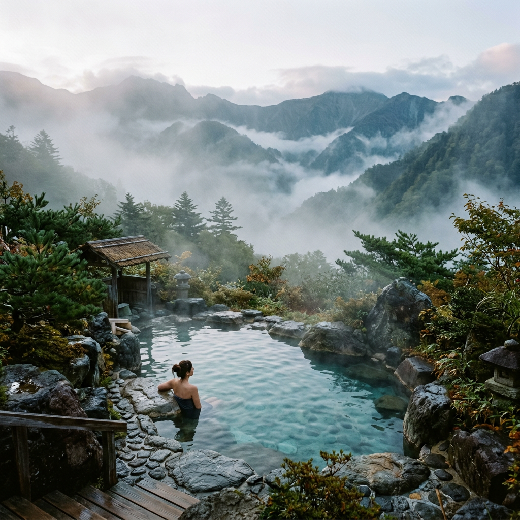 Person sitting in a natural hot spring pool with misty mountains in the background